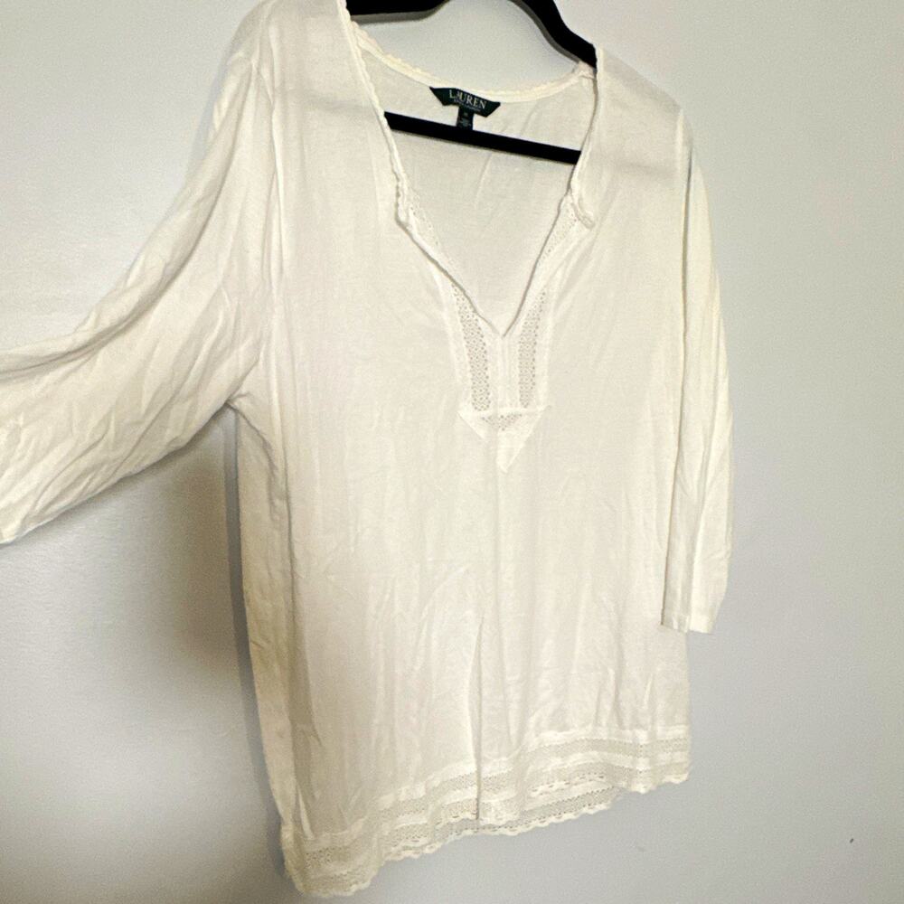 Lauren Ralph Lauren White Cotton Lace Trim V-Neck 3/4 Sleeve Blouse XL
